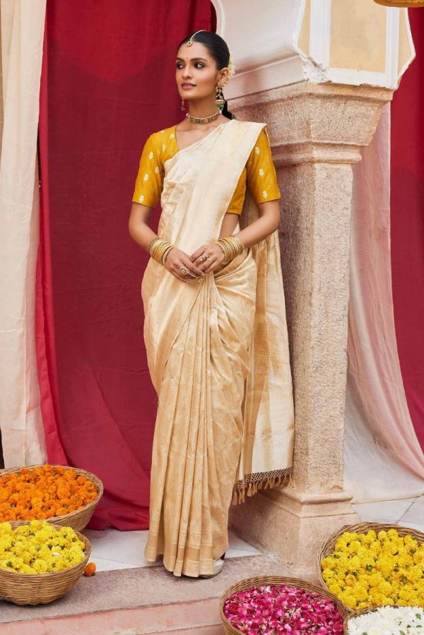 Priyasambad-Cream Banarasi Silk Saree
