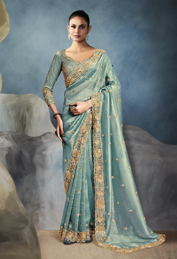 Sea Green Tissue Embroidered Fancy Heavy Border Saree