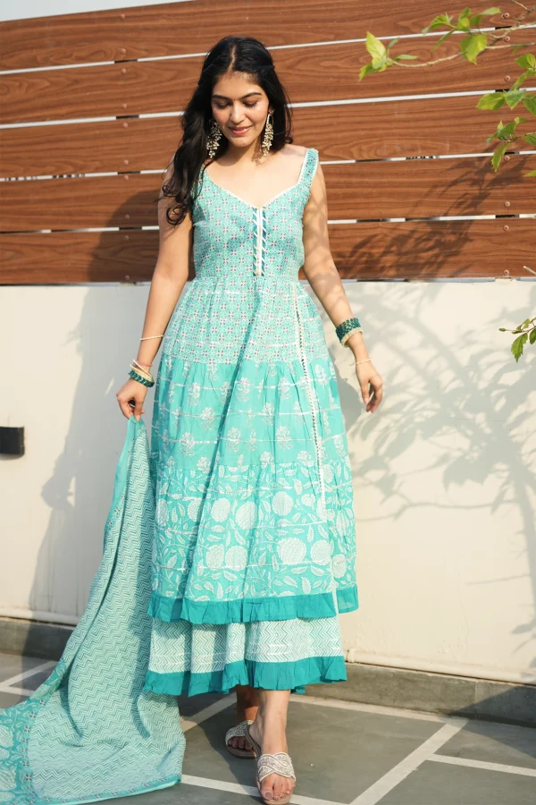 Sharara Set Green Floral Printed Cotton Sharara Set With Dupatta