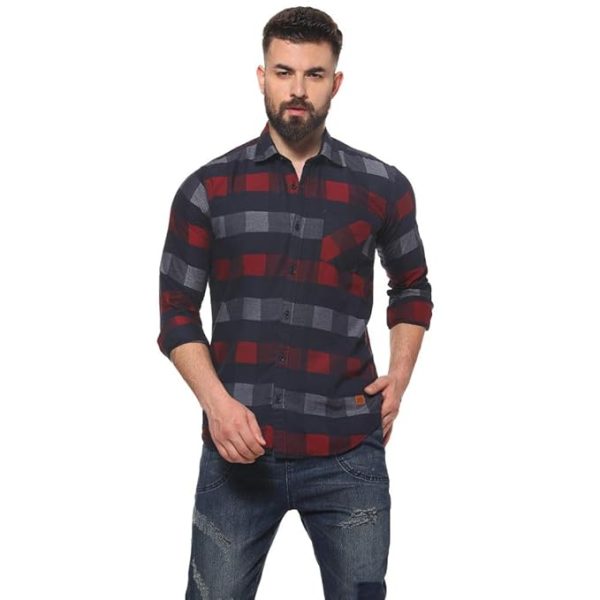 Red Grey Checked Slim Fit Casual Shirt