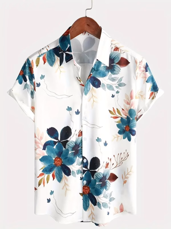 White Blue Floral Print Half Sleeve Shirt