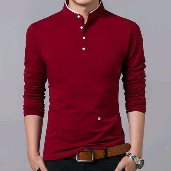 Maroon Henley Neck Full Sleeve Casual T-Shirt for Men
