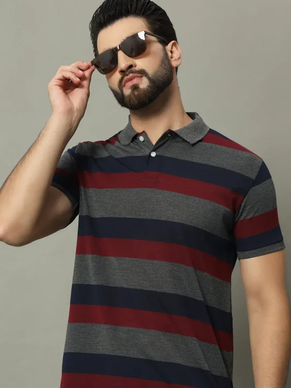 Men Multi-Color Striped Polo Neck Casual T-Shirt