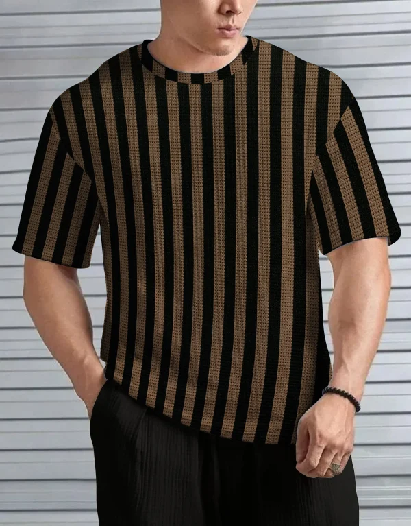 Men Black & Brown Vertical Striped Oversized T-Shirt Casual Streetwear