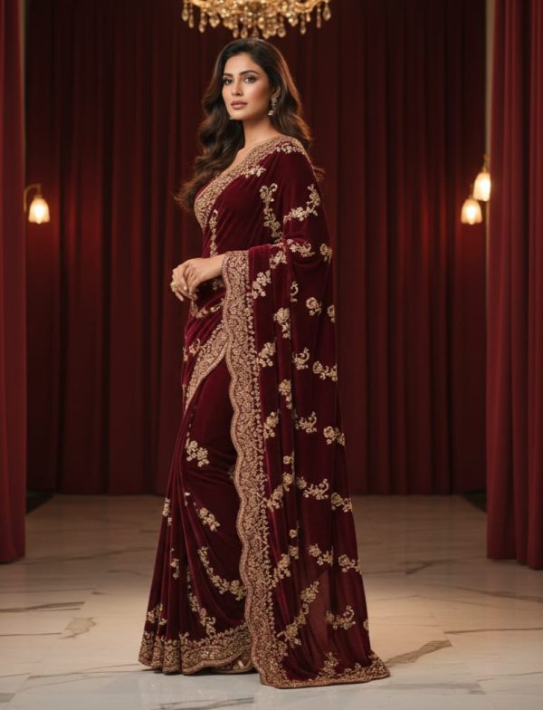 Wine Velvet Embellished Designer Saree