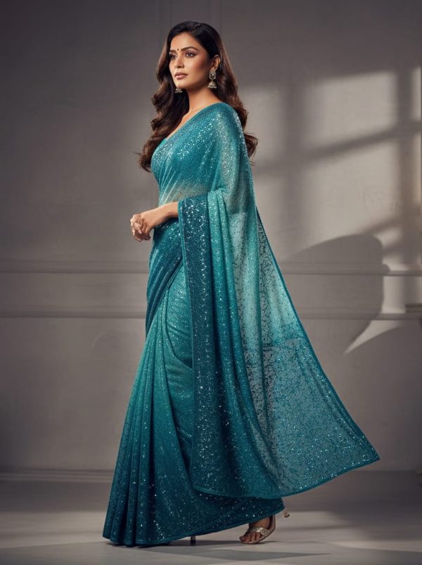 Teal Blue Ombre Sequin Designer Saree