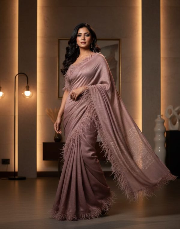 Dusty Mauve Feather Border Designer Saree