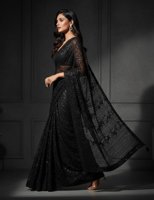 Charcoal Black Hand-Embellished Cocktail Saree