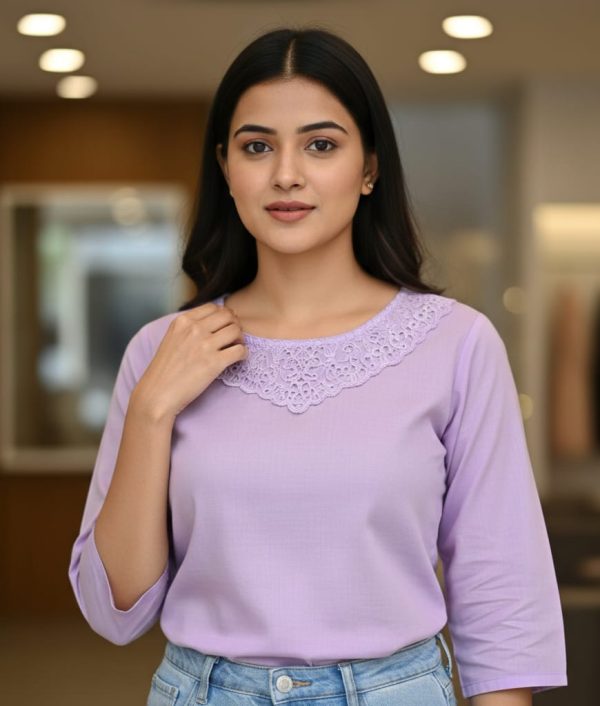 Lavender Lace Neck Short Kurti Top