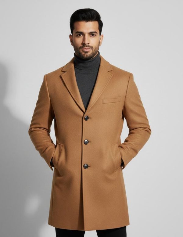 Men's Camel Brown Woolen Overcoat