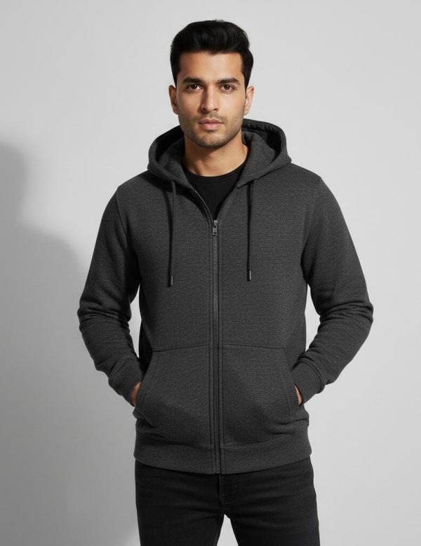 Men's Dark Grey Melange Hooded Sweatshirt Jacket