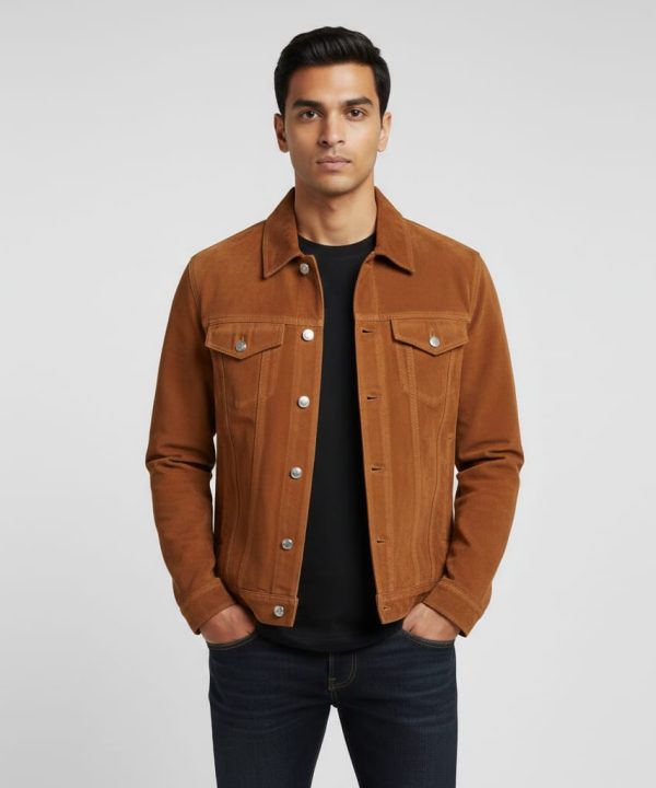 Men's Tan Brown Suede Trucker Jacket