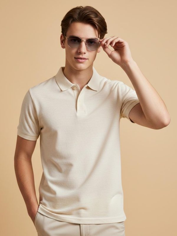Luxeria Cream Textured Knit Polo T-Shirt