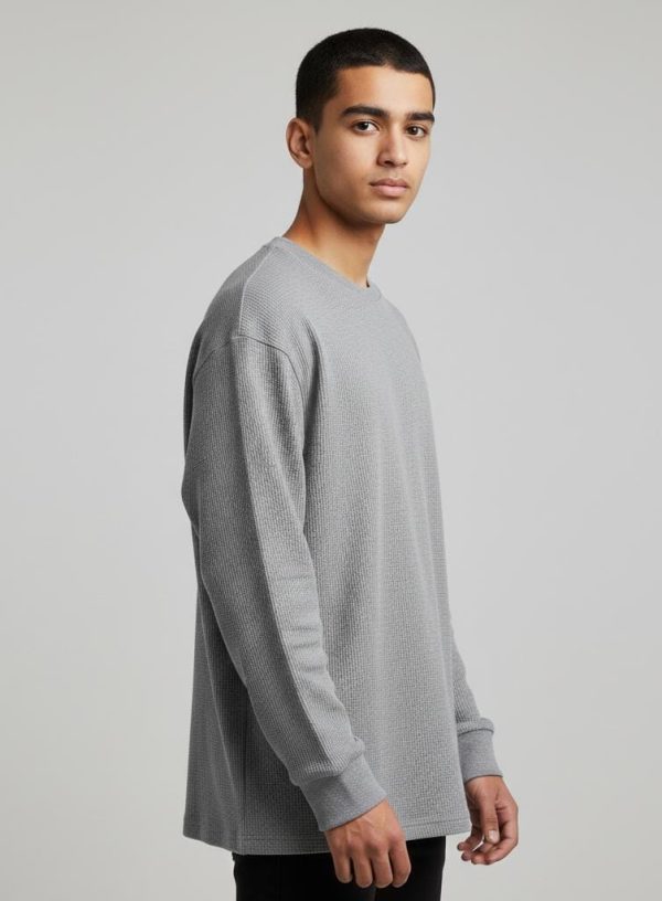 Luxeria Ash Grey Waffle-Knit Relaxed Fit Full Sleeve T-Shirt